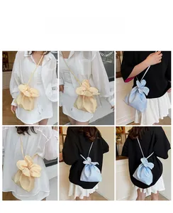 Collage of plaid bow drawstring bucket bags in yellow and blue on a street model