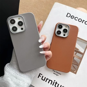 Litchi pattern leather iPhone case in grey and brown with metallic lens ring protection