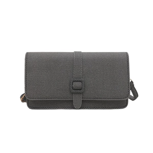 Front view of a minimalist dark grey twill textured crossbody bag with rectangular buckle