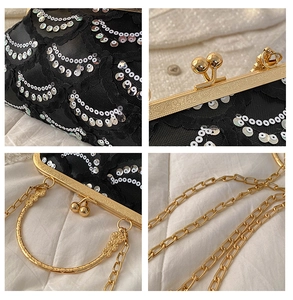 Macro detail of wave-patterned silver sequins and vintage gold metal clasp on evening bag