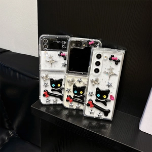 Sparkly black cat star phone case for Samsung Galaxy Z Flip and Z Fold models