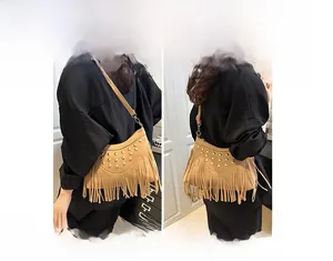 Detail of khaki suede fringe bag with rivets shown in shoulder and crossbody styles