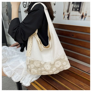 Korean style cream canvas shoulder bag with delicate lace flower cutout and bow detail
