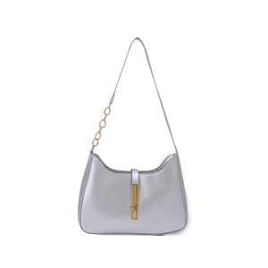 Silver metallic hobo shoulder bag with gold chain strap and sleek metal clasp