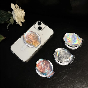 Holographic magnetic phone socket holder with cartoon cat design on a clear phone case