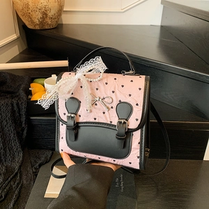 Sac à dos rose à imprimé cœur avec ruban en dentelle et perles au style rétro chic