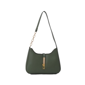 Dark green minimalist half-moon leather shoulder bag with gold chain and metal buckle