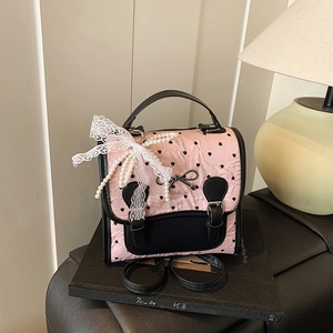 Sac à dos rose à imprimé cœur avec nœuds en dentelle et perles au style rétro chic