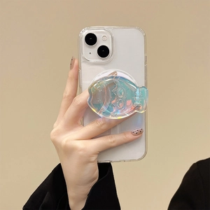 Detailed close-up of 3D fish shape holographic magnetic phone grip on clear phone case