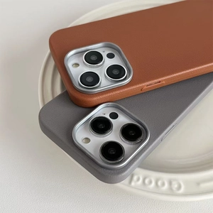 Close-up of litchi texture leather iPhone case with protective metal lens frame