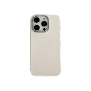 Off-white leather phone case for iPhone 16 Pro Max with silver camera ring protector