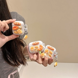 Transparent AirPods case with 3D miniature bread and croissant charms for AirPods 4 and Pro 2