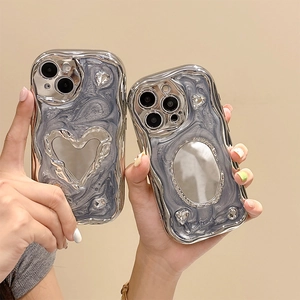 Silver Liquid Metal Wave Edge Phone Case With Heart Oval Mirror Rhinestone Shockproof Marble Pattern TPU For iPhone