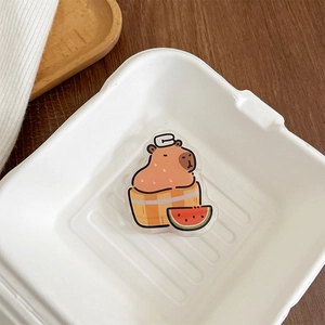 Detail view of a cute Capybara acrylic phone grip inside a rustic white paper tray