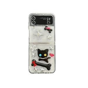 Y2K style Samsung Galaxy Z Flip case with 3D cat, bone and glitter star decorations