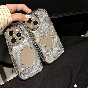 Silver liquid metal iPhone case with 3D wave frame and heart mirror design for women