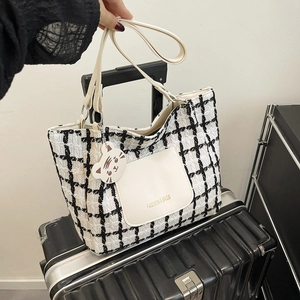 Classic checkered tweed tote bag with PU leather handles and cute tiger charm pendant