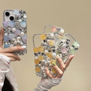 Luxury iPhone case with floral resin roses, pearls, and rhinestones in multiple colors
