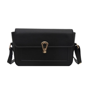 Minimalist black grained leather shoulder bag with gold teardrop clasp for women