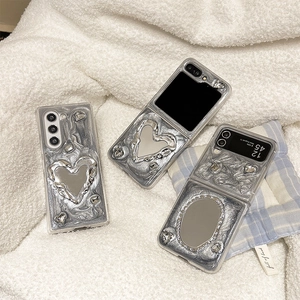 Custodia Samsung Z Flip 6 argento stile Y2K con texture metallica e specchio