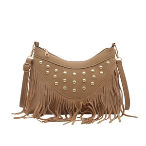 Vintage brown suede fringe crossbody bag with metallic rivets and bohemian style