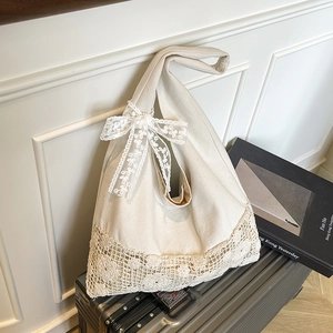 Korean style large beige canvas tote bag with floral lace hollow detail and bow