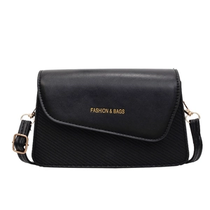 Classic black crossbody bag with flap and gold FASHION & BAGS lettering on white background