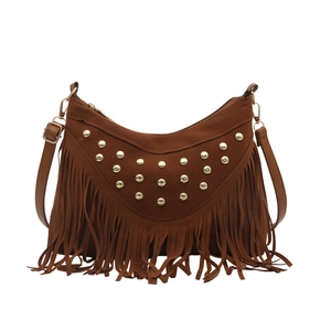Bohemian brown suede shoulder bag with long fringes and gold rivet studs detail