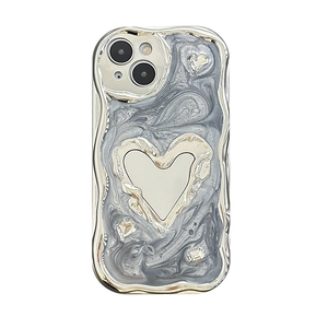 Silver wavy edge iPhone case with marble pattern and heart-shaped mirror detail