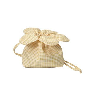 Korean style yellow plaid floral drawstring canvas bucket bag with petal-shaped closure