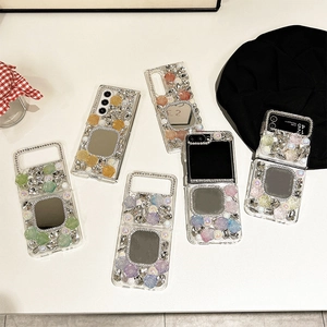 Coque De Téléphone Miroir Fleur Strass Luxe Pour Smartphone Pliable Rose Résine 3D Künstliche Perle Housse Protection