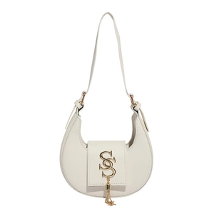 Chic cream crescent underarm bag with lychee grain leather and golden tassel logo