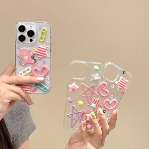 Transparent glitter iPhone case with 3D resin stars, hearts and bear decorations