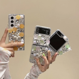 Custodia lusso Samsung Galaxy Z Flip con perle fatte a mano, strass e ciondoli floreali
