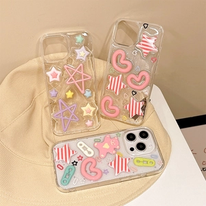 Glitter Transparent Phone Case For 16 15 14 Pro Max 3D Star Heart Bear Charms Y2K Sweet TPU Silicone Soft Protective Cover