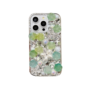 Luxury green rose and pearl rhinestone phone case for Samsung S21 Ultra and Note 20