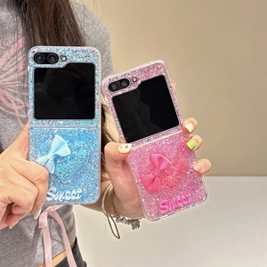 Detail of glittery phone case with 3D knitted bow and Sweet lettering for Z Flip