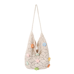 Sac fourre-tout chic en tricot avec fleurs 3D colorées et motif de tissage beige