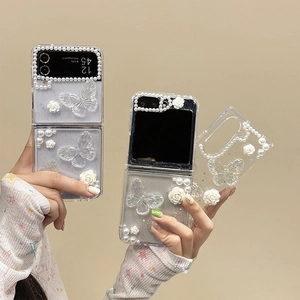 Coque De Téléphone Pliable Avec Papillon En Résine Rose Fausse Künstliche Perle Paillettes Couverture De Protection Transparente Pour Femmes