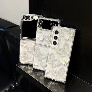 Coque pailletée pour Samsung Z Flip avec perles 3D, roses blanches et papillons irisés