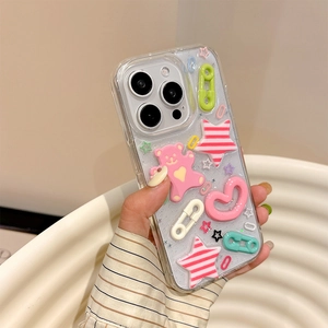 Detail view of cute glitter resin heart and star decorative phone case for iPhone