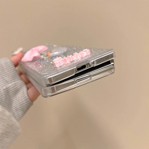 Detail of glitter Z Flip case with pink bow showing precise ports and fold design