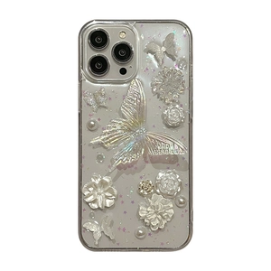 Elegant 3D butterfly pearl floral glitter clear protective case for iPhone 16 Pro Max