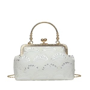Elegant white lace evening bag with silver sequins and vintage gold floral handle