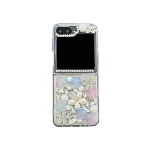 Custodia di lusso per Z Flip con rose 3D blu, perle e strass su base trasparente alta