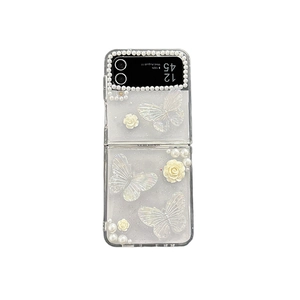 Coque transparente pailletée pour Samsung Z Flip avec perles, papillons et roses