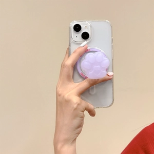 Detailed view of 3D cat paw magnetic phone grip with Good Luck engraving on purple base