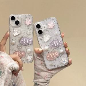 Cute 3D Resin Fish And Shell Phone Case Transparent Silver Glitter TPU Shockproof Protective Cover For Women Girls