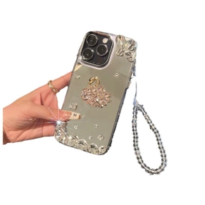 Mirror iPhone case with rhinestone swan design and transparent beaded hand strap