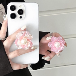 3D floral phone socket with pearl center and gradient petals on white mobile case